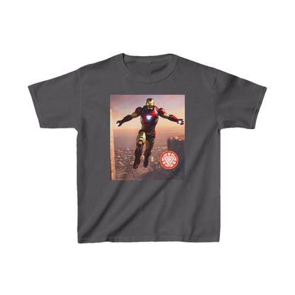 Kids Iron Man Heavy Cotton T-Shirt showcasing a stunning Iron Man graphic, designed for comfort and style.