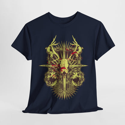 Luxurious Men's Artistic T-Shirt featuring a bold skull design with antlers, rendered in striking muted yellow tones against a dark navy background, suitable for fashion-forward individuals.