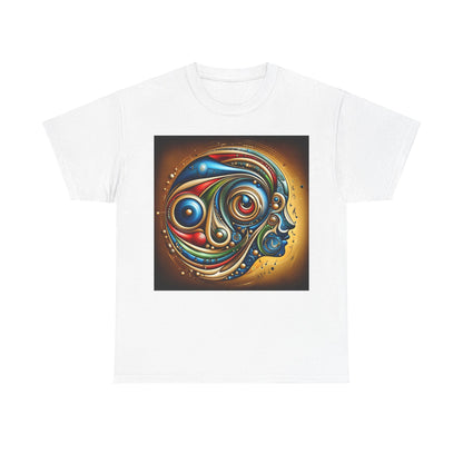 Stained Glass Dreams Unisex T-Shirt in white, showcasing a captivating abstract artistic design of a human face adorned with intricate colours and geometric patterns, ideal for luxury fashion enthusiasts.