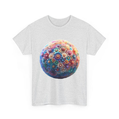 Front view of the Iridescent Floral Sphere Unisex Cotton Tee, featuring a vibrant floral graphic that adds a touch of elegance to any outfit.