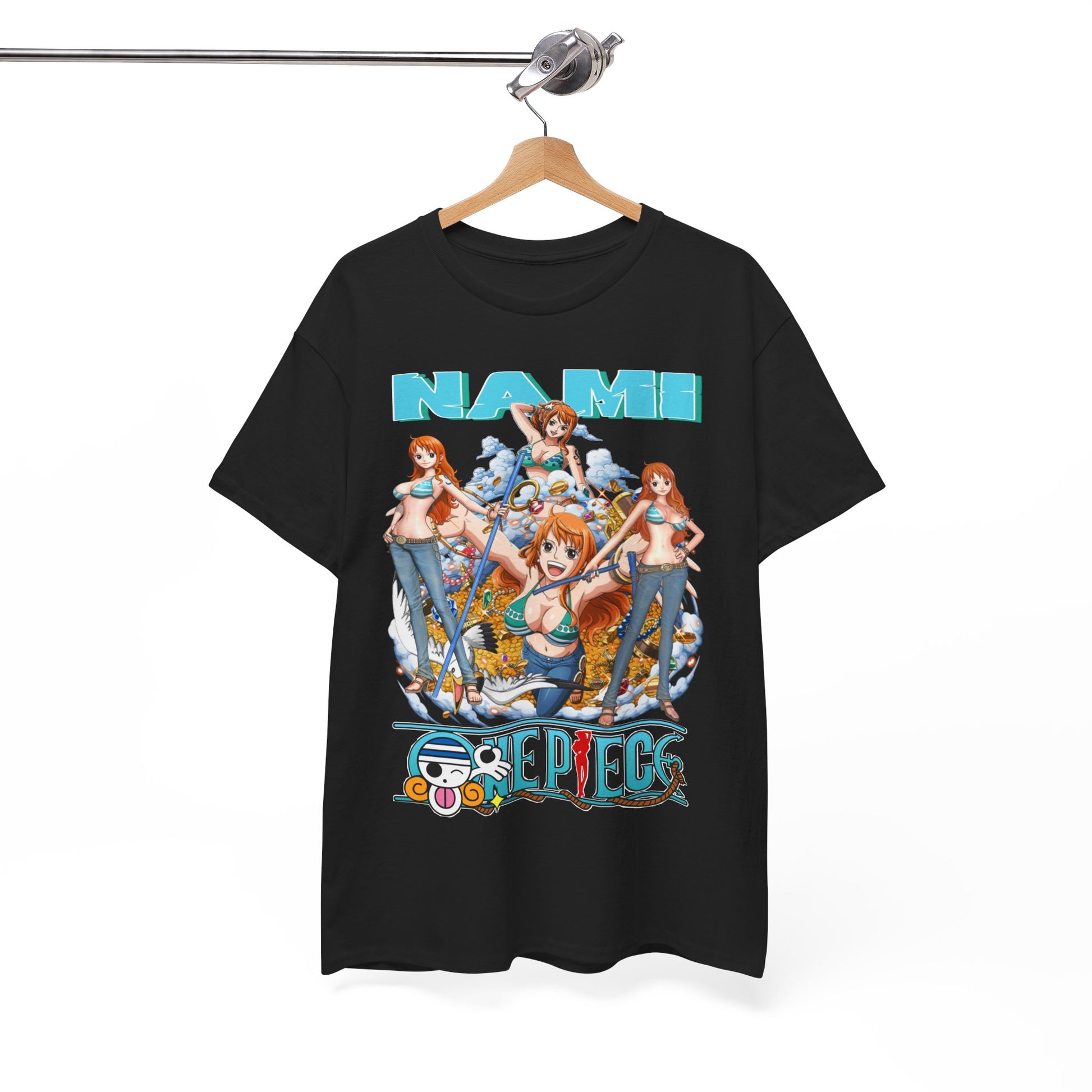 Stylish Nami anime t-shirt displayed on a hanger, emphasising vibrant artwork and quality fabric, an essential piece for anime fashion.