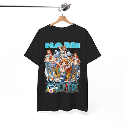 Stylish Nami anime t-shirt displayed on a hanger, emphasising vibrant artwork and quality fabric, an essential piece for anime fashion.