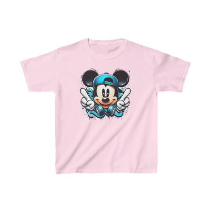 Child's Mickey Mouse Graffiti Unisex Graphic Tee Shirt Kids - Elegant pink tee showcasing Mickey Mouse in a modern graffiti design, complemented by oversized headphones, ideal for stylish kids.
