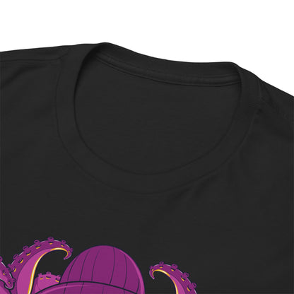 Close-up of the neckline of a luxurious black t-shirt highlighting the detailed print of a playful skeleton with a vibrant purple sombrero, enhanced by whimsical aquatic elements.