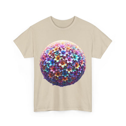 Iridescent Floral Sphere Unisex Cotton Tee Graphic T Shirt displaying a stunning floral sphere design on a sophisticated beige background, a perfect blend of comfort and style.