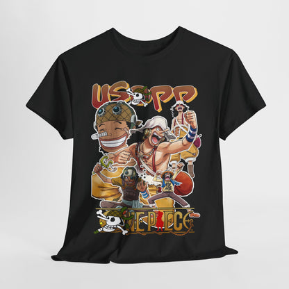Elegant flat lay of an Anime Manga T-shirt featuring Usopp in vibrant colours and expressive poses, perfect for any fashionable anime lover.