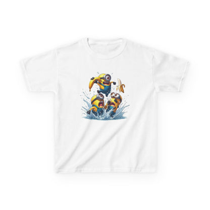 Minions T-Shirt Kids Despicable Me Banana Yellow Graphic Tee featuring playful Minions splashing in water, perfect for boys and girls. This funny tee is ideal for fans of the Minions, providing comfort and fun all day. T Shirt, Funny, Minions.