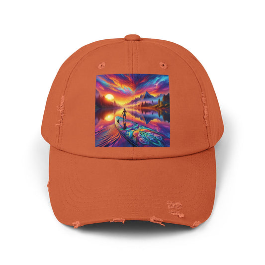 Unisex Distressed Paddleboarders Cap in orange, showcasing a playful paddleboarding design against a breathtaking sunset, perfect for outdoor enthusiasts seeking sun protection.