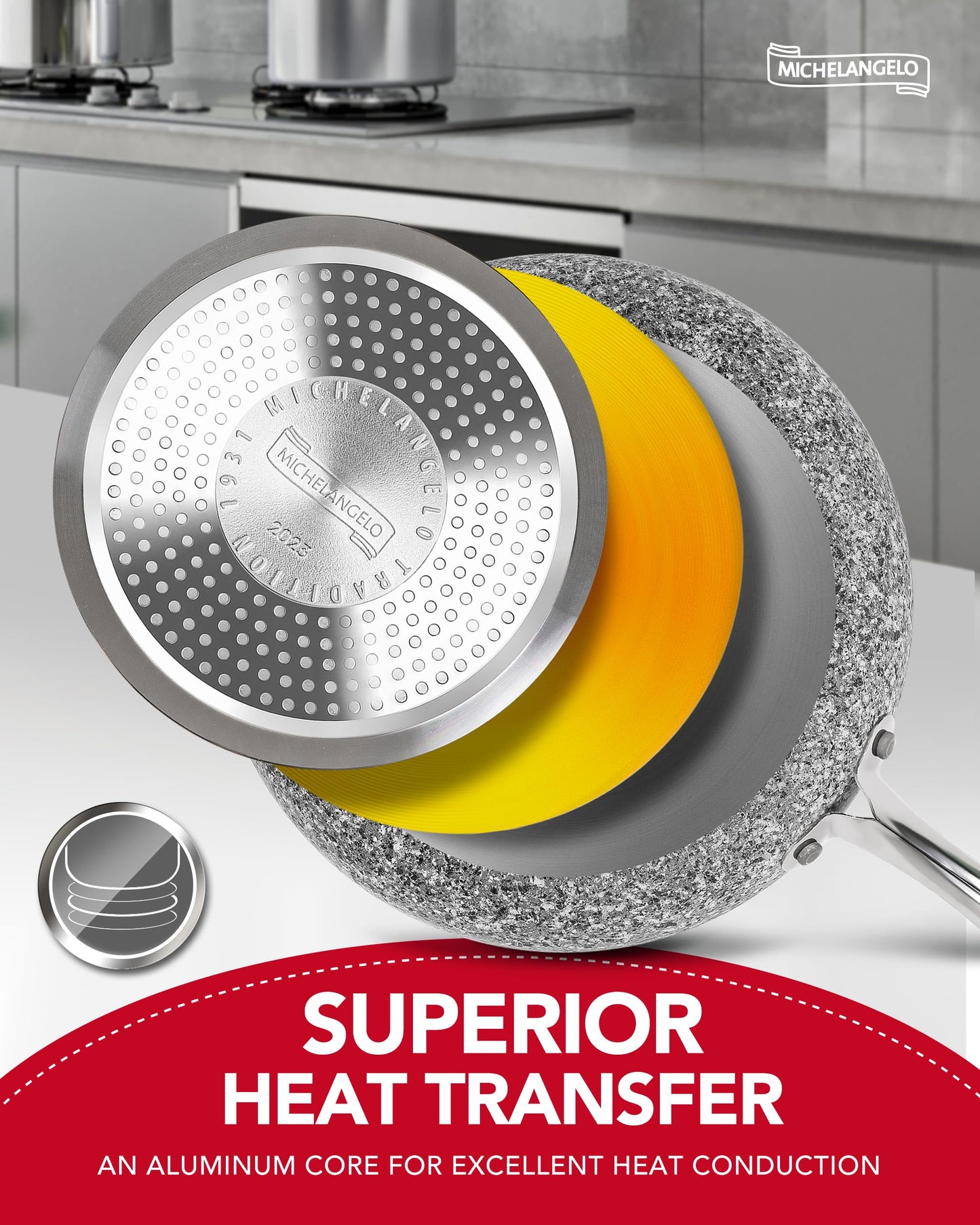 MICHELANGELO Non Stick Frying Pan with Lid 30CM, Non Stick Stone-Derived Coating, Large Pan, Induction Compatible-Oven Safe