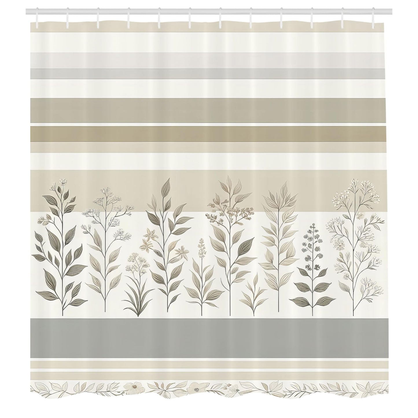 ABAKUHAUS Striped Shower Curtain, Modern Simple Boho Leaves, Cloth Fabric Bathroom Decor Set with Hooks, 175 x 200 cm, Pale Grey Eggshell Twilight
