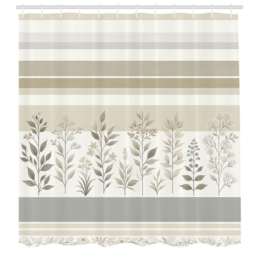 ABAKUHAUS Striped Shower Curtain, Modern Simple Boho Leaves, Cloth Fabric Bathroom Decor Set with Hooks, 175 x 200 cm, Pale Grey Eggshell Twilight