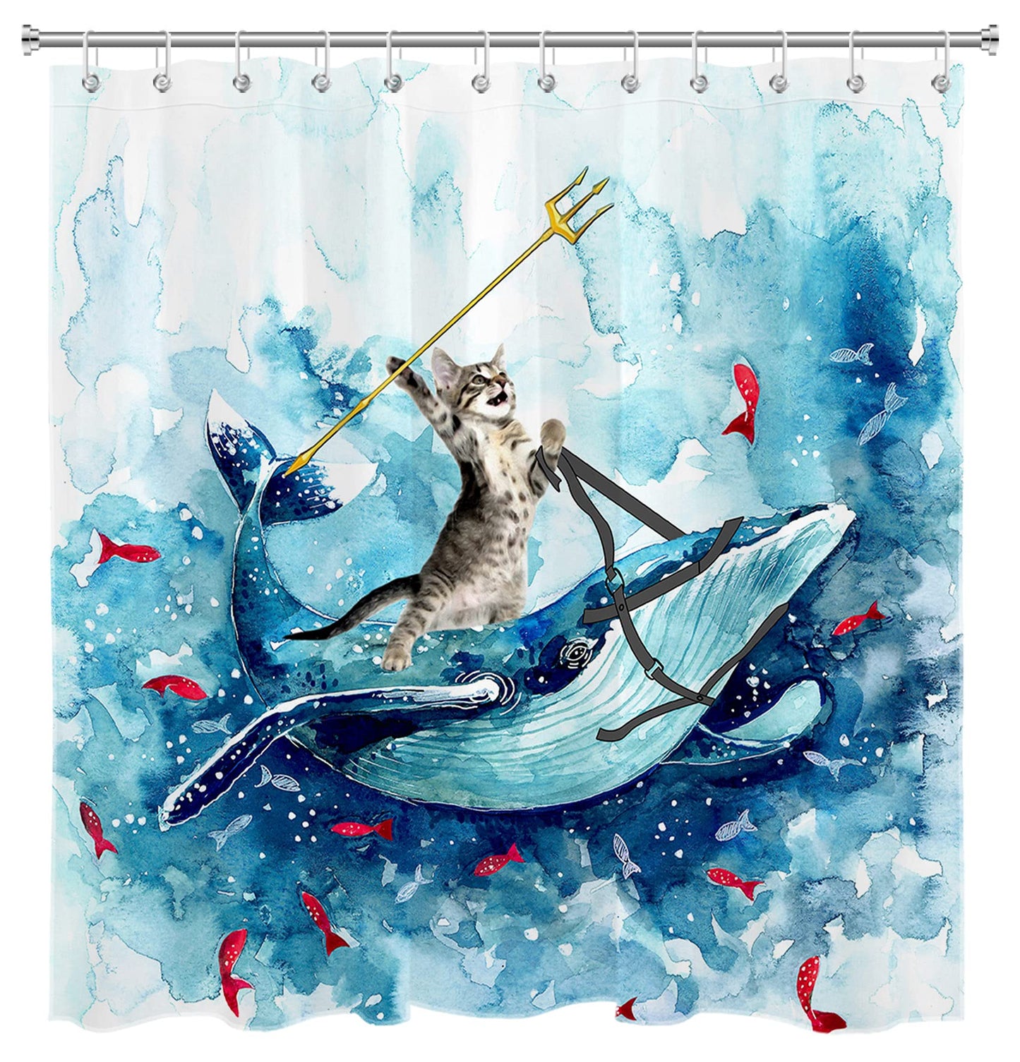 LB Funny Cat Shower Curtain, Blue Sea Whale Red Fish Kids Bath Curtain 180x180cm, Mould Proof Resistant Waterproof Fabric Shower Curtains for Bathroom