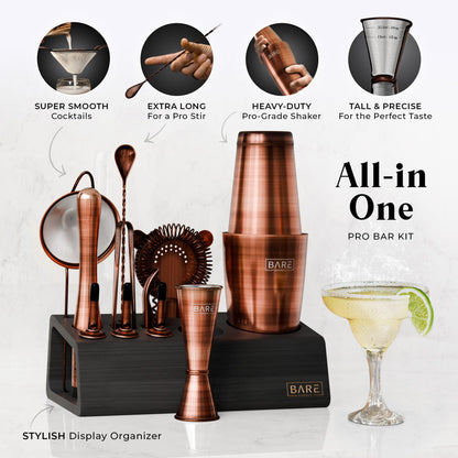 BARE BARREL Cocktail Making Kit | 14-Piece Bartender Kit Cocktail Shaker Set Maker | Bamboo Display Stand & 35 Recipe Cards | Mixology Cocktail Gift