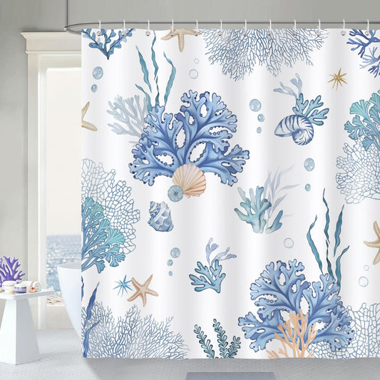 Bonhause Nautical Coastal Shower Curtain, Blue Coral Seashell Beach Bathroom Curtain 180 x 180 cm Waterproof Mildew and Mould Resistant Polyester