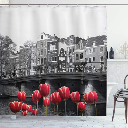 ABAKUHAUS Black and White Shower Curtain, Monochrome Photo of Amsterdam Canal with Red Tulips and Houses, Cloth Fabric Bathroom Decor Set with Hooks,