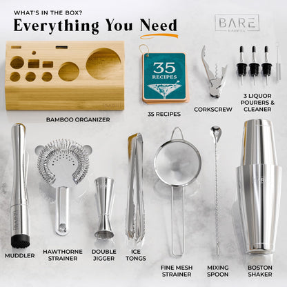 BARE BARREL Cocktail Making Kit | 14-Piece Bartender Kit Cocktail Shaker Set Maker | Bamboo Display Stand & 35 Recipe Cards | Mixology Cocktail Gift