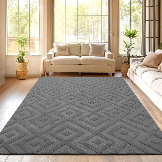 SHACOS Washable Rug living Room 120 x 160 cm Large Grey Area Rug, Bedroom Rug, Anti Slip Rug, Ultra Soft Shaggy Rug Non Shedding Carpet, Geometric