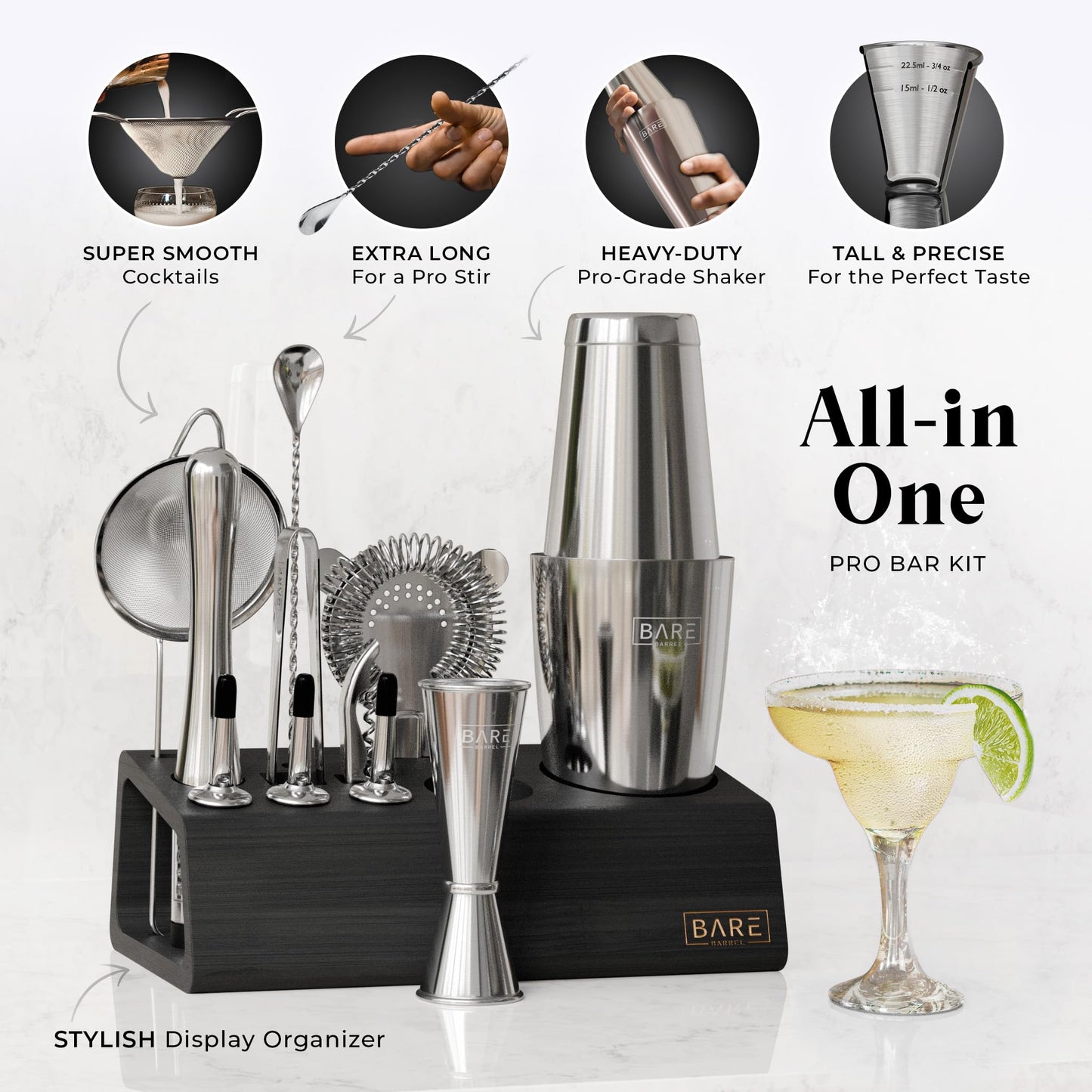 BARE BARREL Cocktail Making Kit | 14-Piece Bartender Kit Cocktail Shaker Set Maker | Bamboo Display Stand & 35 Recipe Cards | Mixology Cocktail Gift