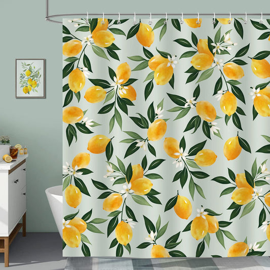 Bonhause Lemon Shower Curtain 180 x 180 cm Fruit Green Leaves Summer Bathroom Curtain Waterproof Mildew & Mould Resistant Polyester Fabric Bath