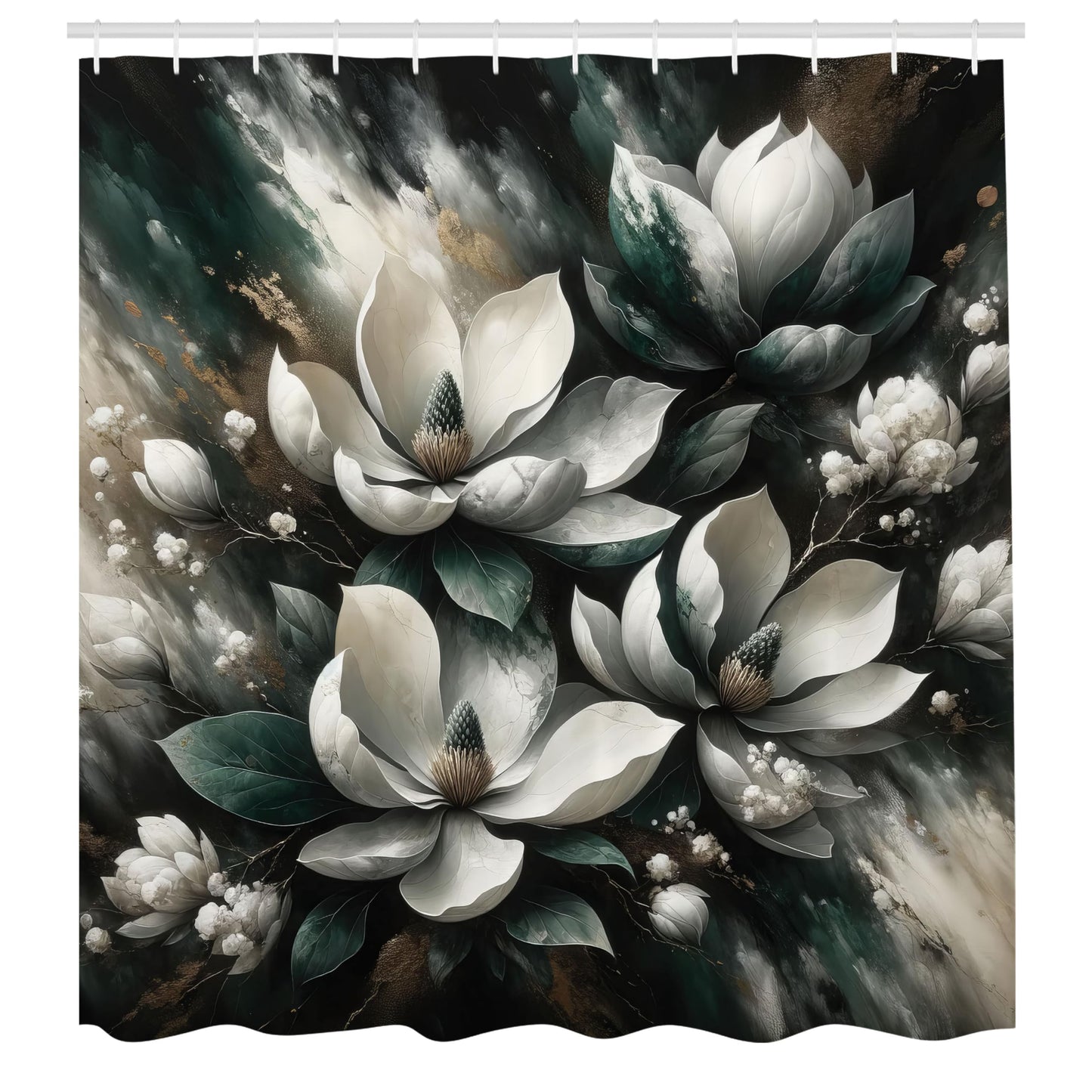 ABAKUHAUS Dark Green Shower Curtain, Deep Garden Magnolias, Cloth Fabric Bathroom Decor Set with Hooks, 175 x 200 cm, Dimgray Off-White