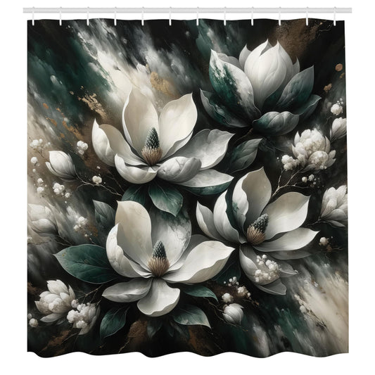 ABAKUHAUS Dark Green Shower Curtain, Deep Garden Magnolias, Cloth Fabric Bathroom Decor Set with Hooks, 175 x 200 cm, Dimgray Off-White