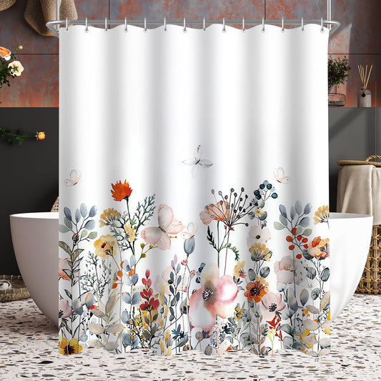 Lerores Shower Curtain, 180 x 180 cm, Flowers, Weighted Hem, Anti-Mould Textile, Water-Repellent, Washable Polyester Bath Curtains with Eyelets and 12