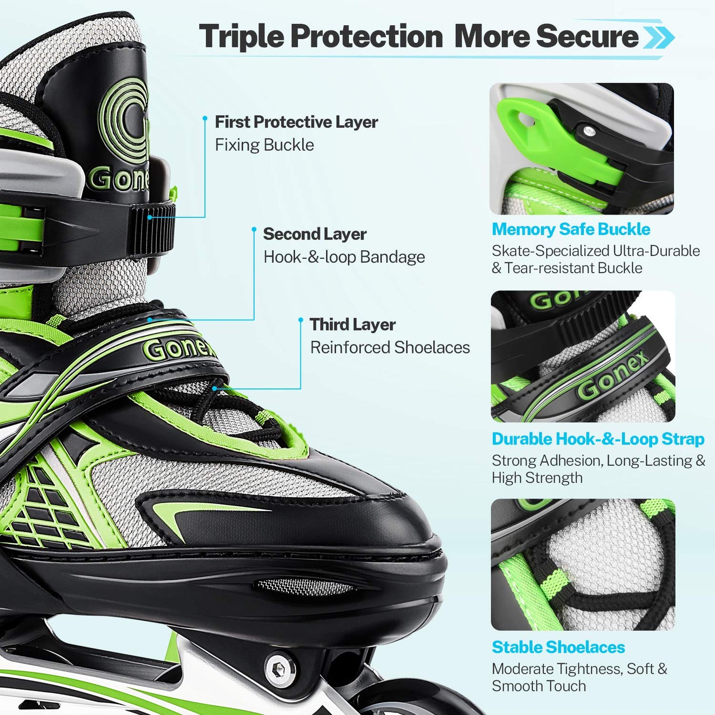 Gonex Children?s Inline Skates, Adjustable Inline Skates for Boys and Girls, EU 31-42, Green, M