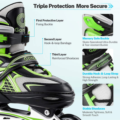 Gonex Children?s Inline Skates, Adjustable Inline Skates for Boys and Girls, EU 31-42, Green, M