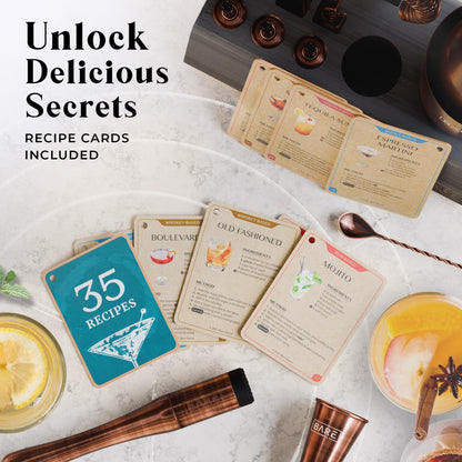 BARE BARREL Cocktail Making Kit | 14-Piece Bartender Kit Cocktail Shaker Set Maker | Bamboo Display Stand & 35 Recipe Cards | Mixology Cocktail Gift