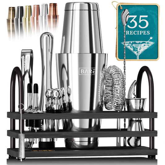 BARE BARREL Cocktail Making Kit | 14-Piece Bartender Kit Cocktail Shaker Set Maker | Display Stand & 35 Recipe Cards | Mixology Cocktail Gift Set