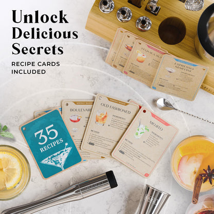 BARE BARREL Cocktail Making Kit | 14-Piece Bartender Kit Cocktail Shaker Set Maker | Bamboo Display Stand & 35 Recipe Cards | Mixology Cocktail Gift