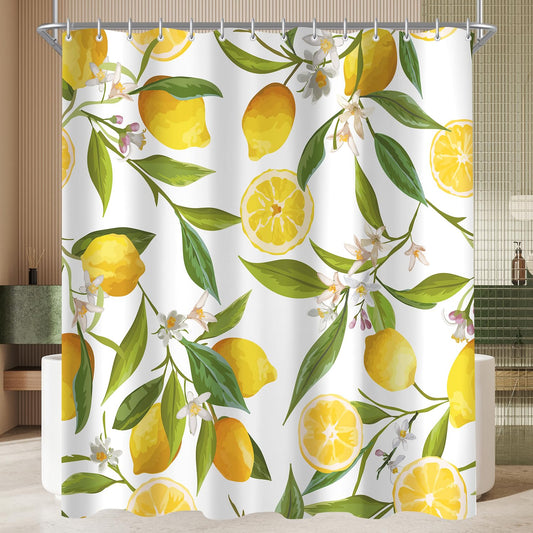 Lerores Shower Curtain, 180 x 160 cm, Lemon Leaf, Weighted Hem, Anti-Mould, Water-Repellent, Washable Polyester Bath Curtains with 12 Eyelets and