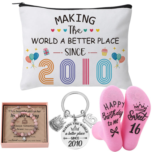 ViEinkaufen 16th Birthday Gifts for Girls,Sweet 16th Birthday Gifts for Her Makeup Bag Bracelet Keyring and Socks for 16 Year Old Girls,Sweet Presents