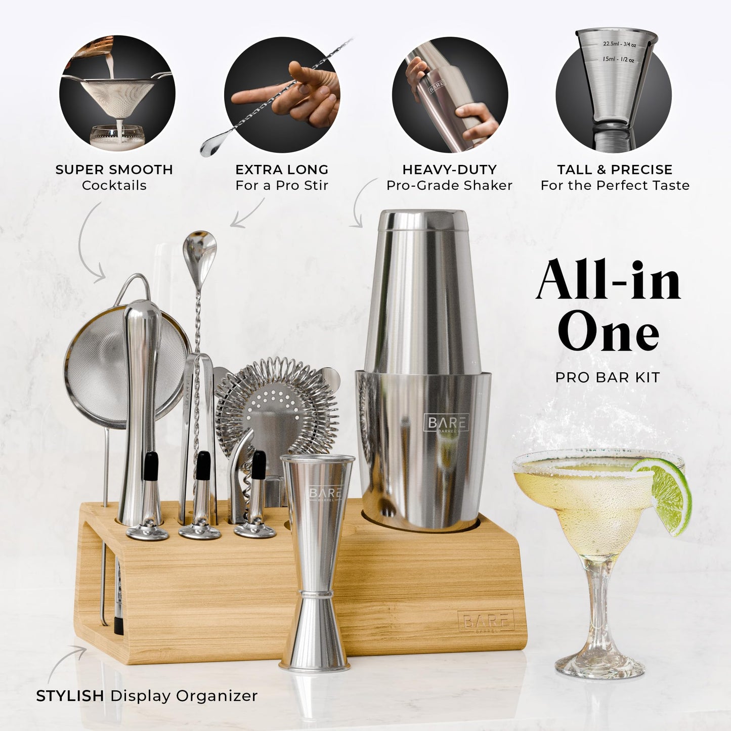 BARE BARREL Cocktail Making Kit | 14-Piece Bartender Kit Cocktail Shaker Set Maker | Bamboo Display Stand & 35 Recipe Cards | Mixology Cocktail Gift