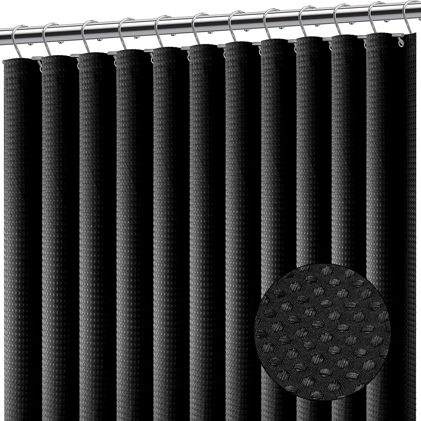 Clara Clark Black Shower Curtain - Waterproof Shower Curtains for Bathroom, Waffle Shower Curtain Fabric, Bathroom Curtain, Fabric Shower Curtain 180