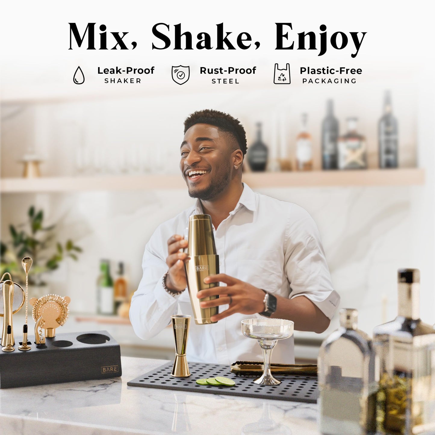 BARE BARREL Cocktail Making Kit | 14-Piece Bartender Kit Cocktail Shaker Set Maker | Bamboo Display Stand & 35 Recipe Cards | Mixology Cocktail Gift