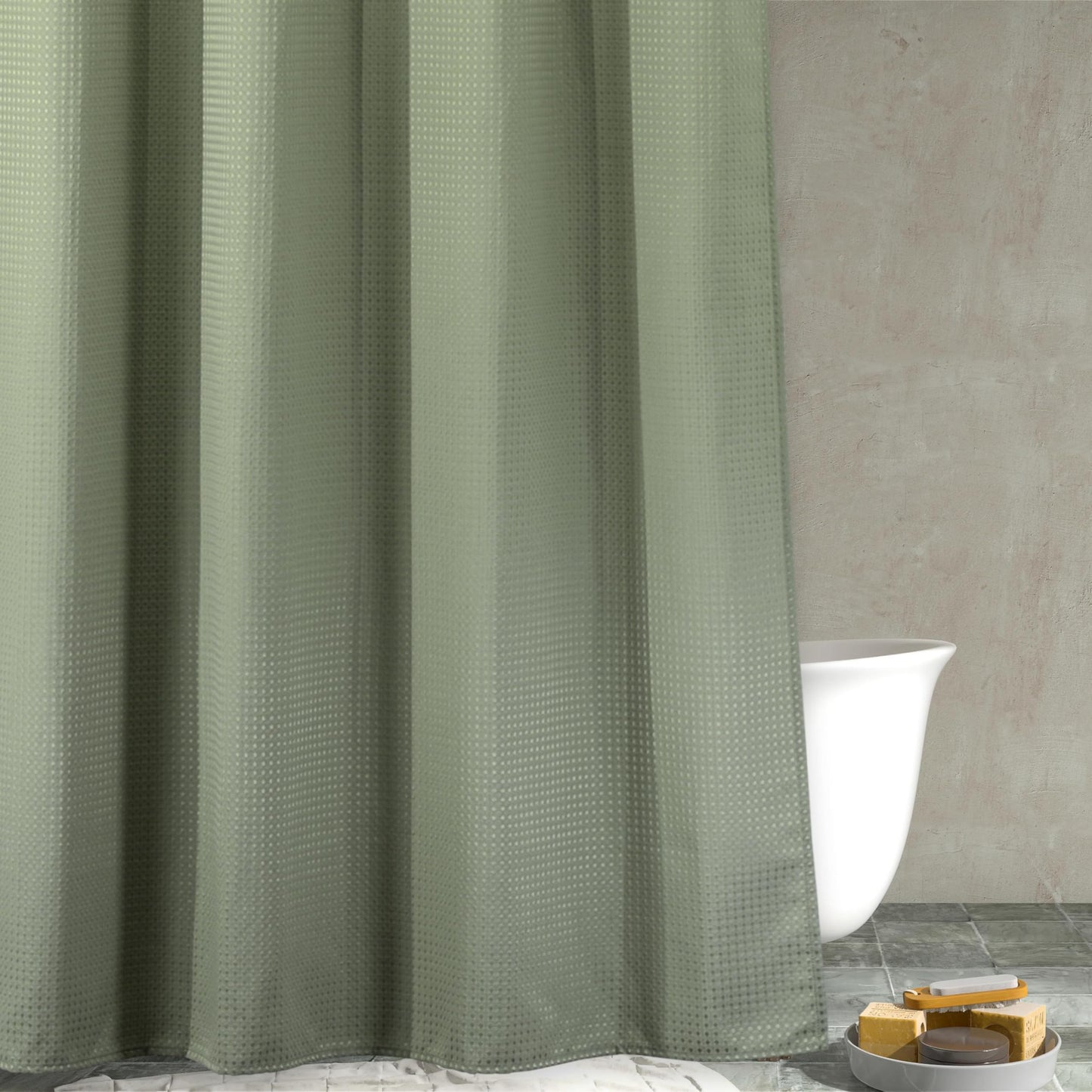 Sage Green Waffle Shower Curtain: Heavy Duty Textured Fabric Shower Curtain for Bathroom - Water Repellent Washable Thick Polyester Cloth Bath Curtain