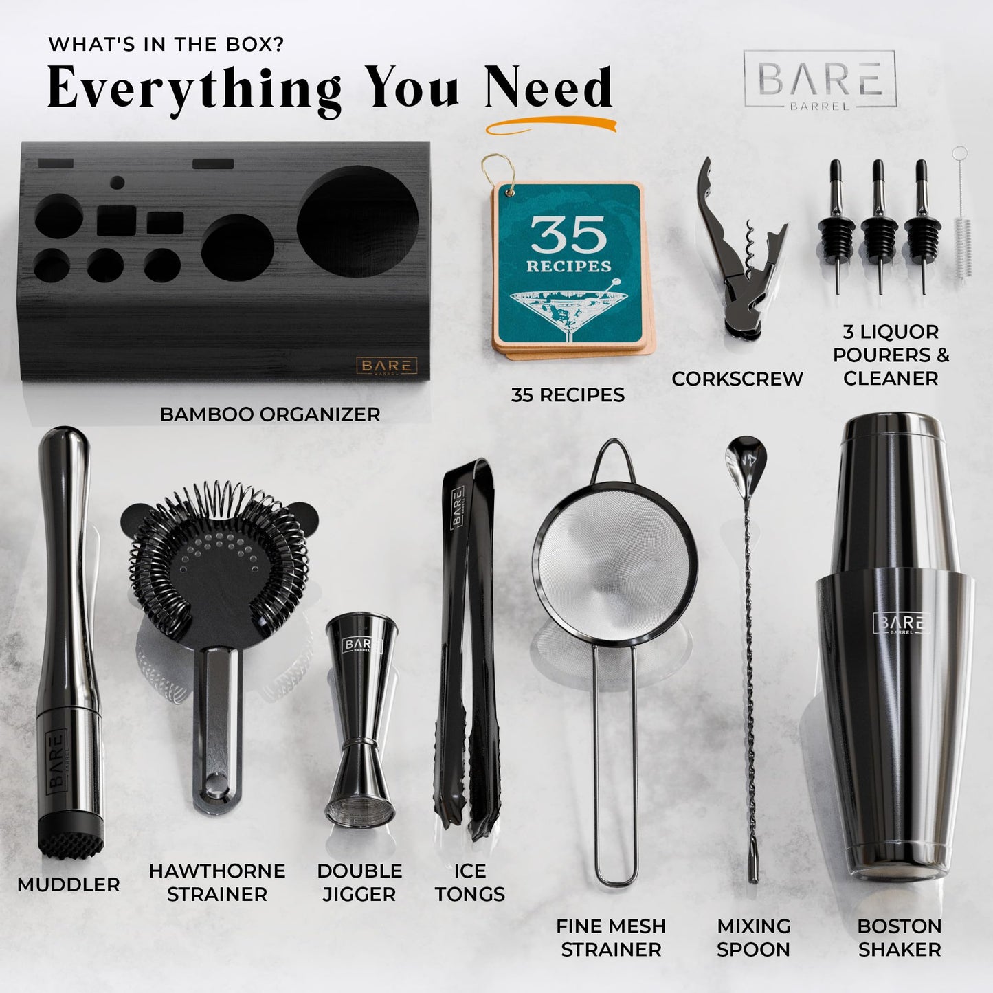 BARE BARREL Cocktail Making Kit | 14-Piece Bartender Kit Cocktail Shaker Set Maker | Bamboo Display Stand & 35 Recipe Cards | Mixology Cocktail Gift