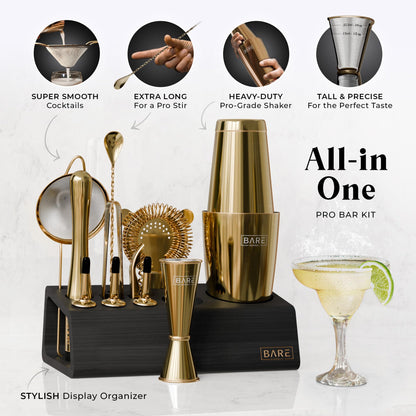 BARE BARREL Cocktail Making Kit | 14-Piece Bartender Kit Cocktail Shaker Set Maker | Bamboo Display Stand & 35 Recipe Cards | Mixology Cocktail Gift