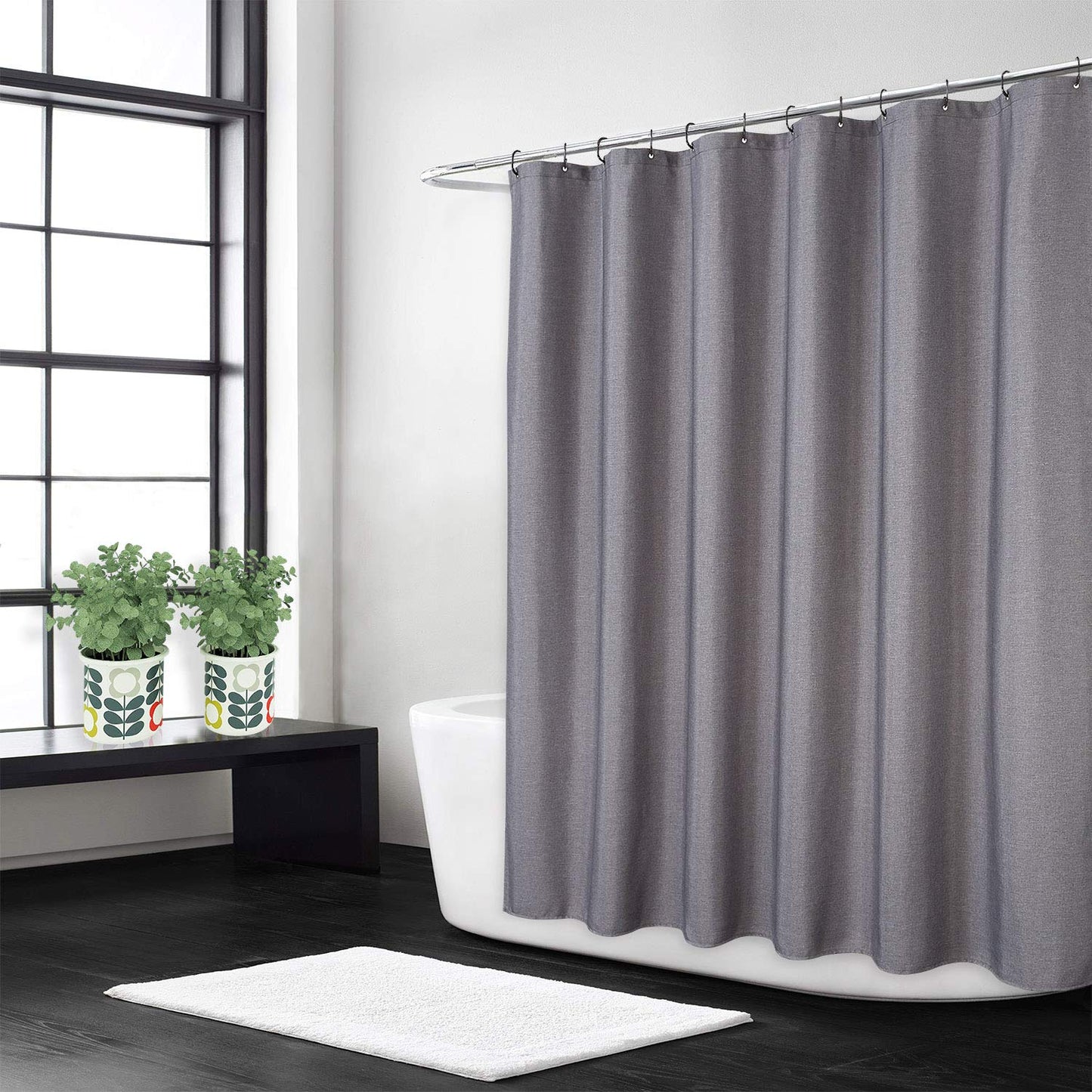 Flax Linen Like 240GSM Heavy Weight Fabric Shower Curtain for Bathroom with Hooks Hotel Luxury Washable, Grey, 180x180 cm