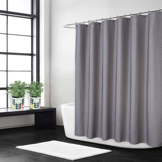 Flax Linen Like 240GSM Heavy Weight Fabric Shower Curtain for Bathroom with Hooks Hotel Luxury Washable, Grey, 180x180 cm