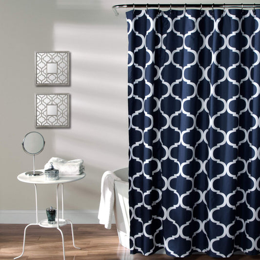 Lush Decor Navy Bathroom Shower Curtain with Bold Trellis Print on Soft Fabric, Washable and Durable, 72" x 72"