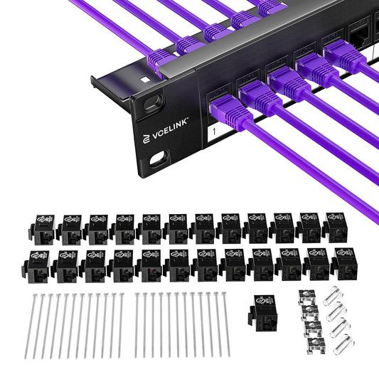 VCELINK 24 Port Keystone Patch Panel 1U 19-Inch, with 25-Pack UL-Listed UTP CAT6 Keystone Coupler and Removable Cable Management Bar, 1 Gbps,