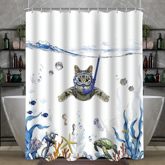 Lerores Shower Curtain 200 x 200 cm, Cat Swimming Anti-Mould Textile, Weighted Hem, Water-Repellent, Washable Polyester Fabric Bath Curtains 12 with