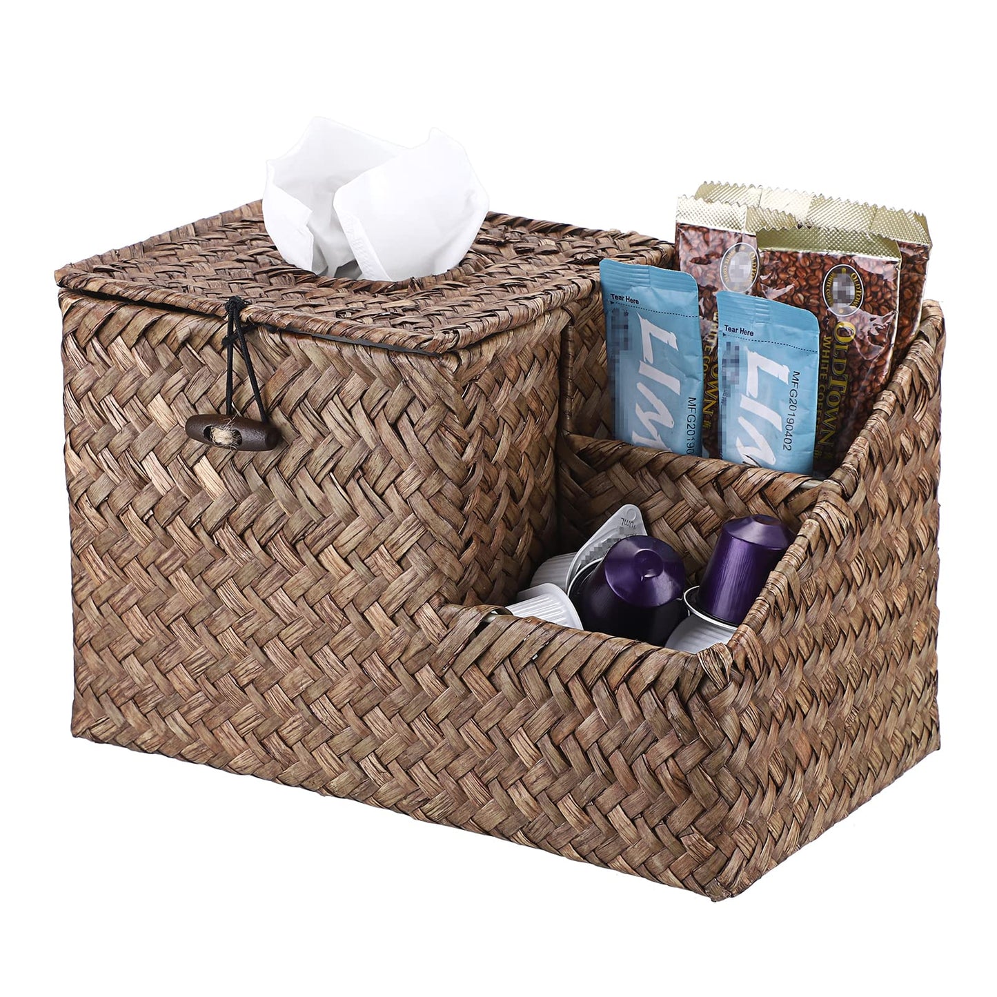 BTSKY Household Seagrass Facial Tissue Box With Two Side Storage Pockets (Coffee)