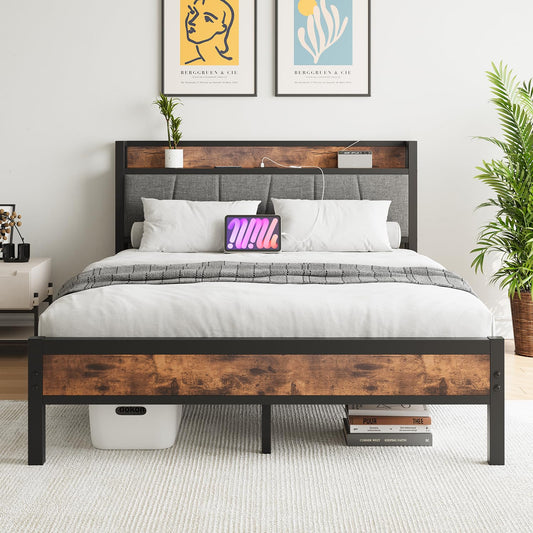 BORPHOM King Size Bed Frame with Storage,5ft Metal Platform Bed Frame Kingsize Bed Base with Charging Station,Mattress Foundation,Strong Steel Slats