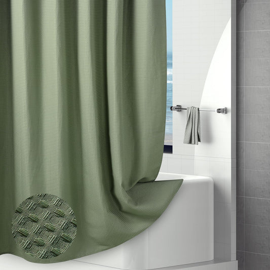 Hotel-Quality Sage Green Waffle Shower Curtain, Water Repellent Bath Curtain Prevents Water Escaping, 256GSM Thick Heavy Duty Fabric Texture Wet Room