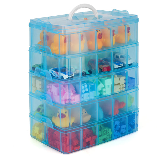 BELLE VOUS 5-Tier Craft Storage Box with 50 Compartments - Plastic Organiser Box for Medicine, Craft Supplies, Beads, Jewellery - Blue Lego Storage
