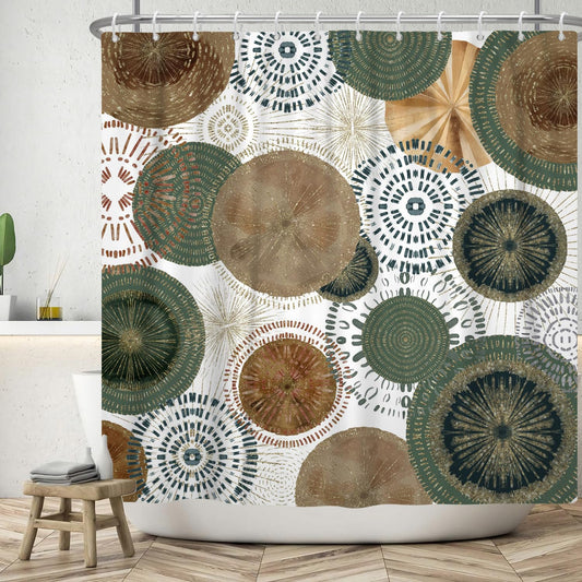 ASDCXZ Shower Curtain 180x180 cm, Modern Boho Green Brown Gold Circle Pattern White Bath Washable Shower Curtains Polyester Textile Waterproof Bath