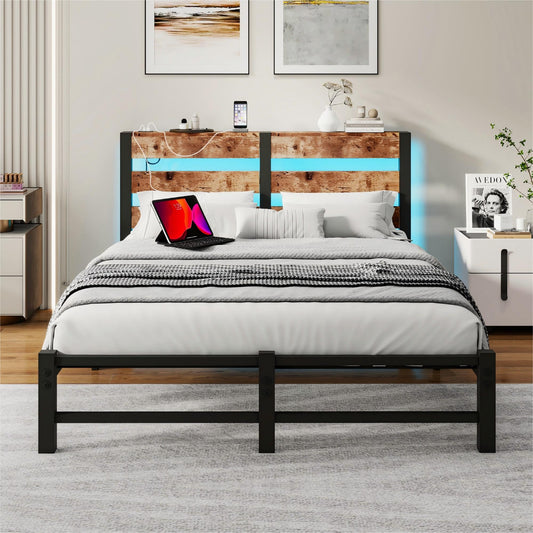 HOMERECOMMEND 5ft King Size Bed Frame with USB Charging Station,Queen Size LED Bed Frame with Wood Storage Headboard,King Metal Platform Bed